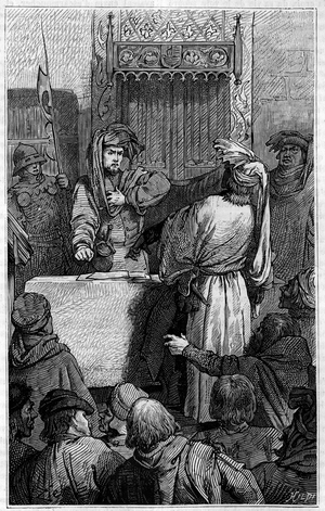 Hundred Years' War - La Jacquerie (1358): the merchant Etienne Marcel (1315-1358) and the echevin Jean Maillart, one of the leaders of the royalist party, during the Jacquerie, a revolt of the peasants against the French nobility. Engraving in “Le journal de la jeunesse””, 1885.