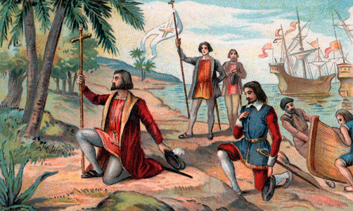 The landing of Christopher Columbus  (1451-1506) in the New World, 12 October 1492 (chromo)