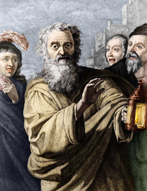 Diogenes (cynic philosopher) and his lantern, with which he searched for an honest man. 19th century engraving.