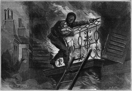Man dressed in an incombustible suit, saving a child from a fire. Engraving in “” La Nature. Revue des sciences et de ses applications aux arts et a l'industrie”, 1886.