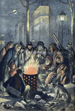 Winter in Paris, Homeless people warming up around a brazier, 1902 (print)