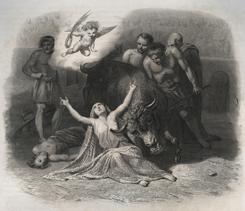 Martyrdom of Saint Blandine of Lyon and Ponticus in the arena in 177 during the persecutions of the first Christians. From 1846 in "Lives of the saints".