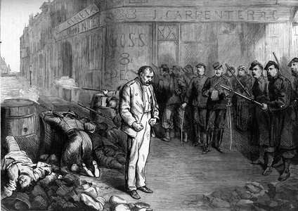 The Paris Commune in 1871. A federe (communard) taken prisoner at the corner of Montmartre and Aboukir streets is exposed to the fire of a barricade that the federes have raised. His comrades had abandoned the barricade, he was able to flee but quickly found himself facing the army.