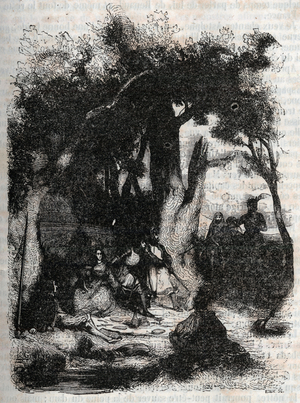 Arrival of Rodomont and Mandricard to the fountain of Merlin - engraving of 1851 from “” Roland furieux”” (Orlando furioso) (16th century) by Ludovico Ariosto, known as the Ariosta - Edition translated from Italian by the Count of Tressan and published by Gustave Harvard 1851