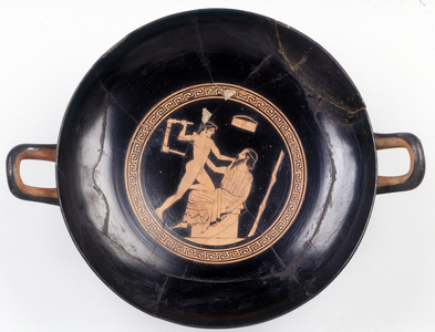 Painting on cut: Representation of Heraclés waving a chair to knock out his music master, 470 BC