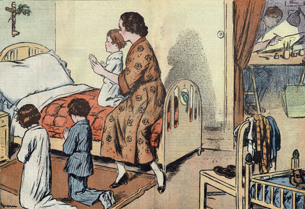 Mother of family learning to pray to her children. "Le Pelerin" June 7, 1936 (print)