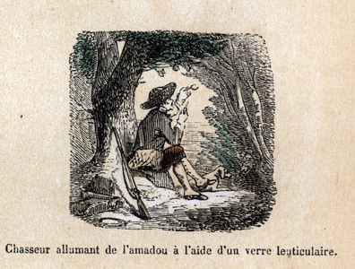 Description of the various stages of manufacture and uses of glass: a hunter burning the tingler by lighting it with a lens (or lenticular glass). Plate “” Glass and its products”” in “” Les Recreations instructives”” Synoptic painting by Jules DELBRUCK, engraving from 1860. Private collection.