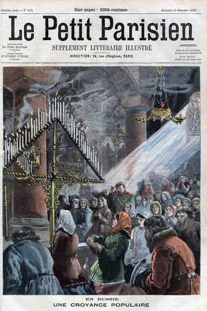 Popular belief in Russia: the faithful reunited in a church to gather at the time of the tsar's illness, are engaged in the ceremony of the 80 candles, 1900 (engraving)