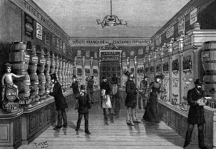 Overview of a bar with vending machines, rue Montmartre, in Paris. Engraving in “” La Nature: revue des sciences et de leurs applications aux arts et a l'industrie”” of 7 November 1891.