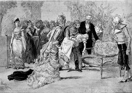 Theatrical representation: “” Le beau Solignac”” by Jules Claretie (1840-1913) and William Busnach (1832-1907) with Edouard Angelo (Solignac) and Melle Cassothy (Louise de Farges). Paris, theatre du Chatelet, 1880. Engraving by Adrien Marie in “” Le Monde Illustré”” n°1191 of 24 January 1880.