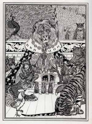 The lion, king of animals surrounds with his court -“A Hundred Fables of La Fontaine” , 1899 (engraving)