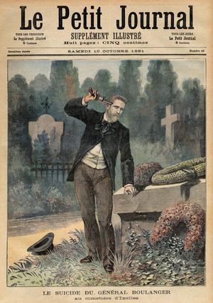 Suicide of General Georges Boulanger on the tomb of his mistress Marguerite de Bonnemain in the cemetery of Ixelles in Brussels, 1891 (engraving)