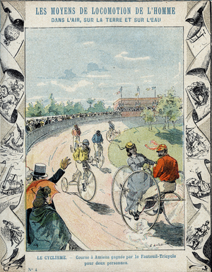 Tricycle wheelchair in Amiens, France, 1869 - From a protective sleeve for school books, late 19th century - illustration by E Letellier - Course a Amiens won by the tricycle chair for two people in 1869 - Protected notebook historique, end 19th century -