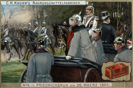 The military troops of the Prussian Armee passed before Chancellor Otto von Bismarck (1815-1898) on 26 March 1895 in Friedrichsruh, Germany. Chromolithography, late 19th century.