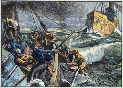 The tug “Iroise” from the port of Brest comes to the aid of the Danish liner “Helen”, caught in the storm.  In "Le Pelerin" December 22, 1929 (print)