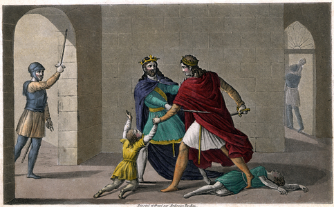 Childebert I allows Clotaire to slaughter the children of their brother Clodomir, King of Orleans, 1825 (engraving)