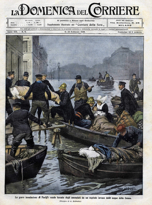 Rescue of the sick in Paris during the February 1910 floods. Cover of the "domenica del corriere"”.13 February 1910