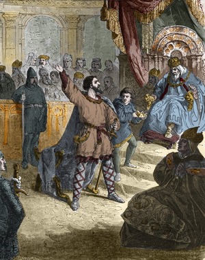 Louis IV of Outremer (Overseas, Overseas) (921 - 954), King of France at the Council (Synod) of Ingelheim in Germany in 948 before Otto I of the Holy Empire (912-973). Engraving in “” Histoire De France En Cent Paintings by Paul Lehugeur “” 1891.