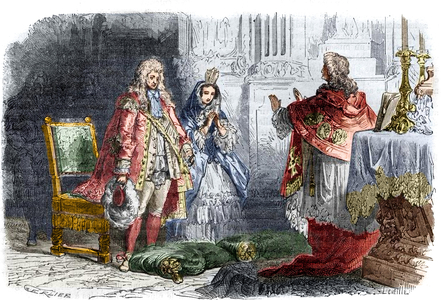 Secret marriage of King Louis XIV & Francoise d'Aubigne Marquise de Maintenon 1863 (engraving)