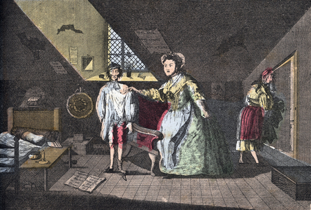 The pious tailor caught in adultery. Engraving by Cabbage from 1768 in “” Lire Et Galanterie””. Weekly Collection of Galantes Images on the direction of John Grand-Carteret. 1903-1904.