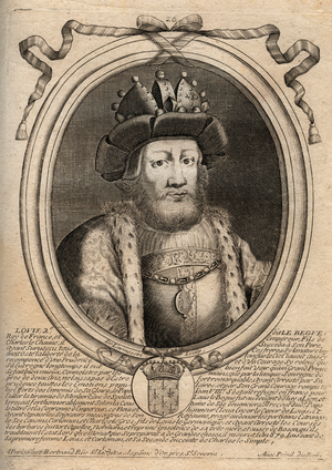 Portrait of Louis II the Begue or the Faineant (846 - 879), King of Francs - Louis II The Stammerer 848 to 879 - engraving from 'Les Augustes Representations de tous les Kings de France from Pharamond to LouisXIV', Paris, 1679 by Larmessin (family of engravers) (1600-1799)