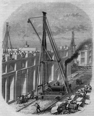 Elevatory steam machine used on a construction site of a house. Engraving by Gagniet In "Le Magasin Picturesque", 1859.