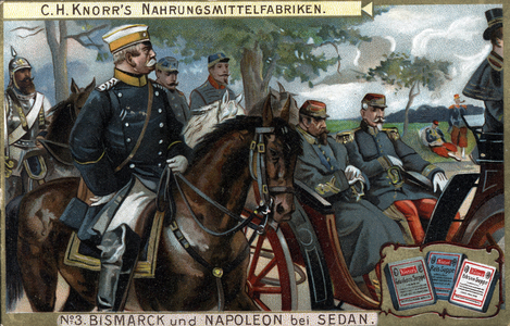 The Battle of Sedan, War of 1870: General Otto von Bismarck, King of Prussia escorted Emperor Napoleon III who was taken prisoner, late 19th century (engraving)