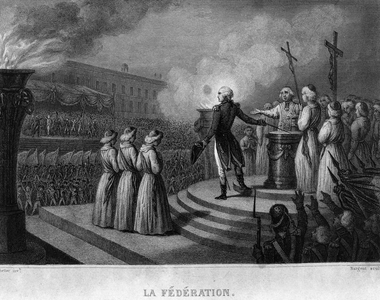 La Fédération (14 July 1790), anniversary of the taking of the Bastille: oath to the Constitution - in “” Revolution francaise”” by Thiers. 19th century