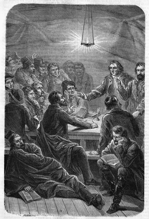 Sale (Reunion) of Carbonari. (Charbonnerie or Carboneria, early 19th century).Engraving of 1864.