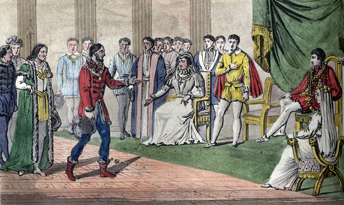 Charles IX (1550-74) is told by the Diet that his brother Henri d'Anjou (1553-1610) has been elected King of Poland - Ambassadors of the Diete of Poland (Lower House of the Polish Parliament) announce to the Duke of Anjou, future Henry III, King of France, his election to the throne of Poland, in the presence of Charles IX and Catherine de Medicis, 1573 - Draw and engraved by Ambroise Tardieu in 1825.