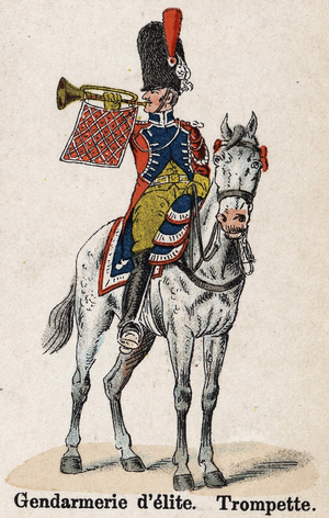 Imperial Guard Napoleon I: Elite Gendarmerie - trumpet. Plate from the book Les Uniformes de l'Armée francaise by Lienhart and Humbert, 1902.