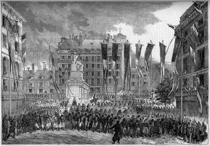 Return of the French troops after the Risorgimento, Paris, 14 August 1859: defile the Turcos (Algerian Tirailleurs) in front of the Statue of Peace, Boulevard des Capucines. Engraving in “” Le Monde Illustré”” n°123 of 20 August 1859.