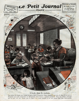 School in the trailer: a teacher brings a caravan to set up a class and instruct the children of fairgrounds who, always on a trip, cannot go to a communal school, 1924 (print)
