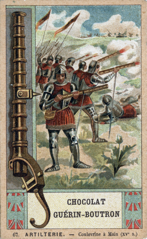 Knight manoeuvring a hand coulevrine from the 15th century. Chromolithography of the 19th century of Guérin-Boutron chocolates.