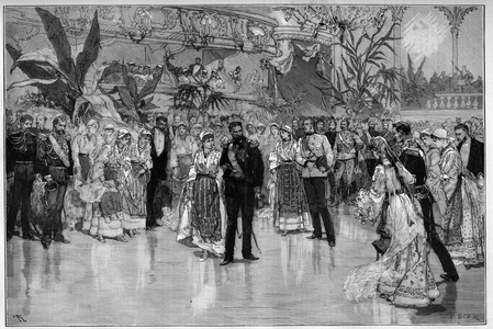 Romania: Ball given in honor of Prince Rodolph (1858-1889) and Princess Stephanie of Austria Hungary (1864-1945) at the National Theatre in Bucharest. Engraving in “” Le Monde Illustré””, 1884. Private Collection