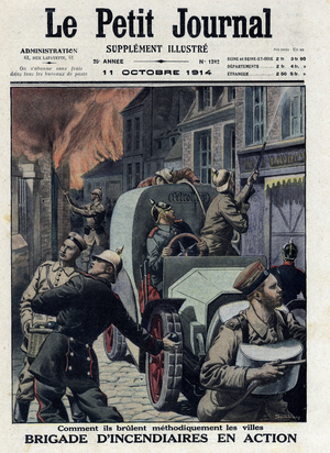 German incendiary brigades in action during the First World War 1914-1918: how they methodically burn cities.  on 11/10/1914.