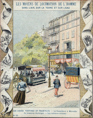 La Canebiere in Marseille - the electric tram - the cars reclaim, late 19th century (engraving)
