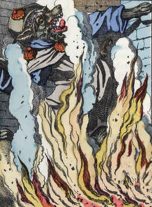 The wolf falls into the fire of the chimney. Illustration of the tale “Compere le Loup, Maitre Renard, Comere la Chevre et ses petits biquets”” after a fable by Jean de la Fontaine. In “” Tales from the home for the little ones””. Anonymous engraving of the 19th century.
