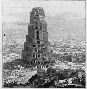 La Tour de Babel, d'pres le Pere Kircher - (Redued engraving of “Turris Babel”, 17th century) - In “” La Nature: revue des sciences et de leurs applications aux arts et à l'industrie”” of March 10, 1888