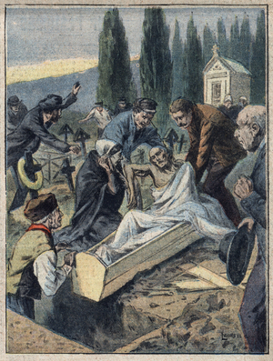 Bury alive: an old man who was thought dead came out alive from his coffin just before his funeral. France, 1907"Le petit parisien" of 22 December 1907.