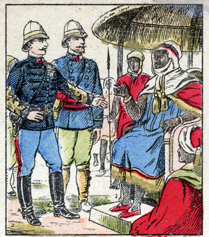 Parfait Louis (Perfect-Louis) Monteil (1855-1925) received in 1890 by the Sultan of Bornous (Rabih az-zubayr ibn Fadl Allah or Rabih Fadlallah) lord of the war in Sudan. engraving in “Histoire de France from the most remote times to the present day” drawing by Jules Pacher. Patriotic imagery of Pont-a-Mousson. Late 19th century. Private collection.