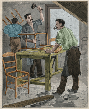 Ebenisterie: assembly of chairs in the 19th century in France. Engraving from 1885 in “” Les arts et metiers illustres”” by Adolphe BITARD.
