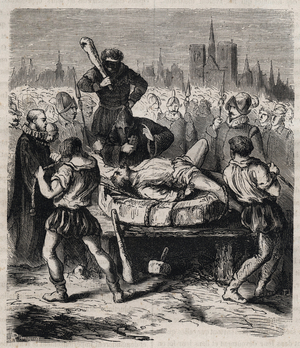 Punishment of Francois Ravaillac (1578-1610) assassin of King Henry IV (1553-1610) on Place de Greve in Paris in 1610 - Engraving of 1879 in “Histoire des societes secretes, politiques et religieuses” by Pierre Zaccone (1817-1895)
