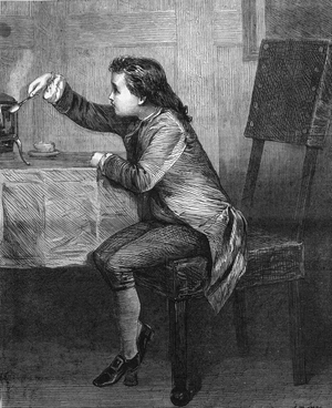 James Watt (1736-1819) child discovering the laws of steam.Engraving of 1868 according to the painting by Marcus Stone.
