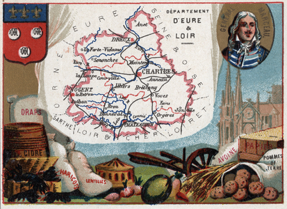 Eure-et-Loir, Centre, France. Cathedrale de Chartre, portrait of Francois Severin Marceau. Sheets, cider, beans, lentils, oats, potatoes and paper, c.1920 (chromo)