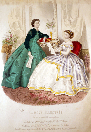 2 women reading: toilet of Miss Raboin and the hairstyles of M. Croisat - in “La Mode illustrated””, 1866.