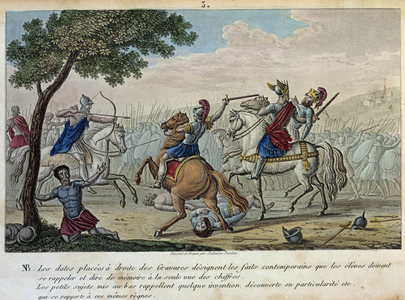 Merovee (447-458) defies Attila at the Catalaunique Fields near Troyes with Aetius and Theodoric I. He is the presumptuous King of the Francs-Salians and gave his name to the Merovingian dynasty. - Draw and grave by Ambrose Tardieu in 1825.