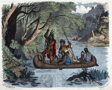 Indians fishing aboard a canoe on a river in America. In "Wenn Jemand eine Reise thut, so kann er was erzahlen”", German tale by Franz Wiedemann, 1895.