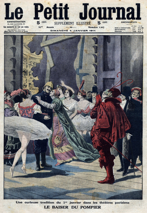The fire fighter's kiss: New Year's tradition in Parisian theatres where comedians give a kiss to the fireman to celebrate the new year after the performance,  4/01/1914,