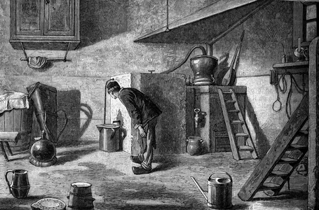 Manufacture of kirsch: distillation, castle of Isenberg in Alsace. Engraving in “” Le Journal de la jeunesse””, 1890.